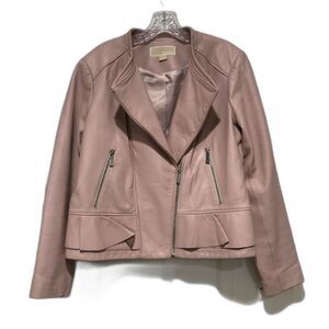Michael Kors Pale Pink Ruffle Peplum Leather Moto Motorcycle Jacket Size Large